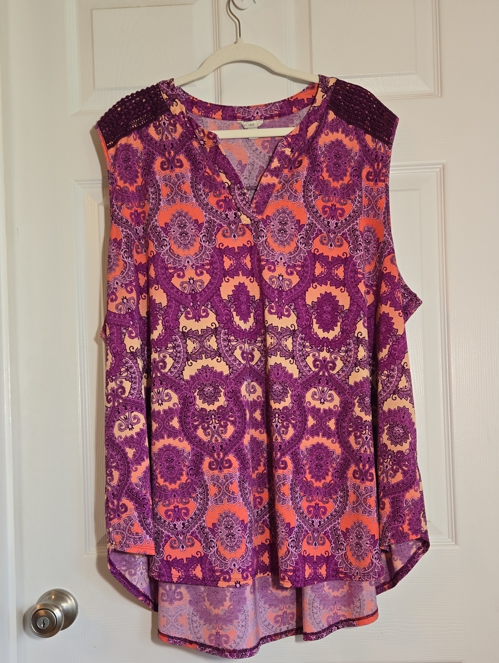 Cato Purple & Orange Sleeveless Printed Tunic with Crochet Yoke Size 26/28W